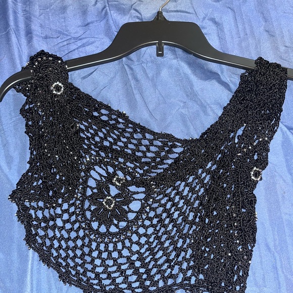 Tops - Black Crochet Shawl with Floral Design